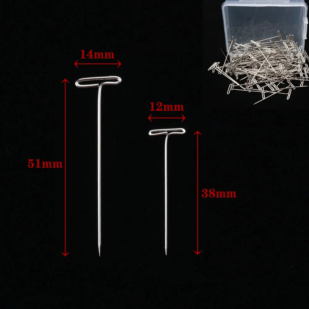50/100pcs Long T pins Silver Wig Pins for Wigs Making/Display On Mannequin Canvas Head 38/51mm T pins needle Salon Styling Tools
