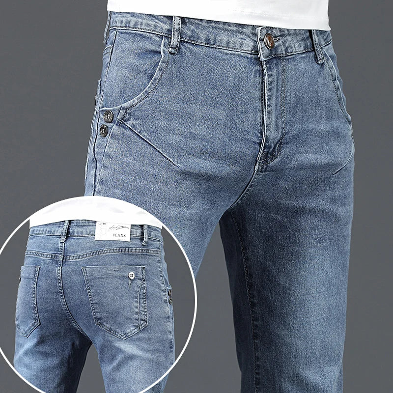 Trendy Men Skinny Jeans Retro Washed Snowflake Slim Fit Type Classic Simple Casual Fashion Street Skateboarding Denim Pants