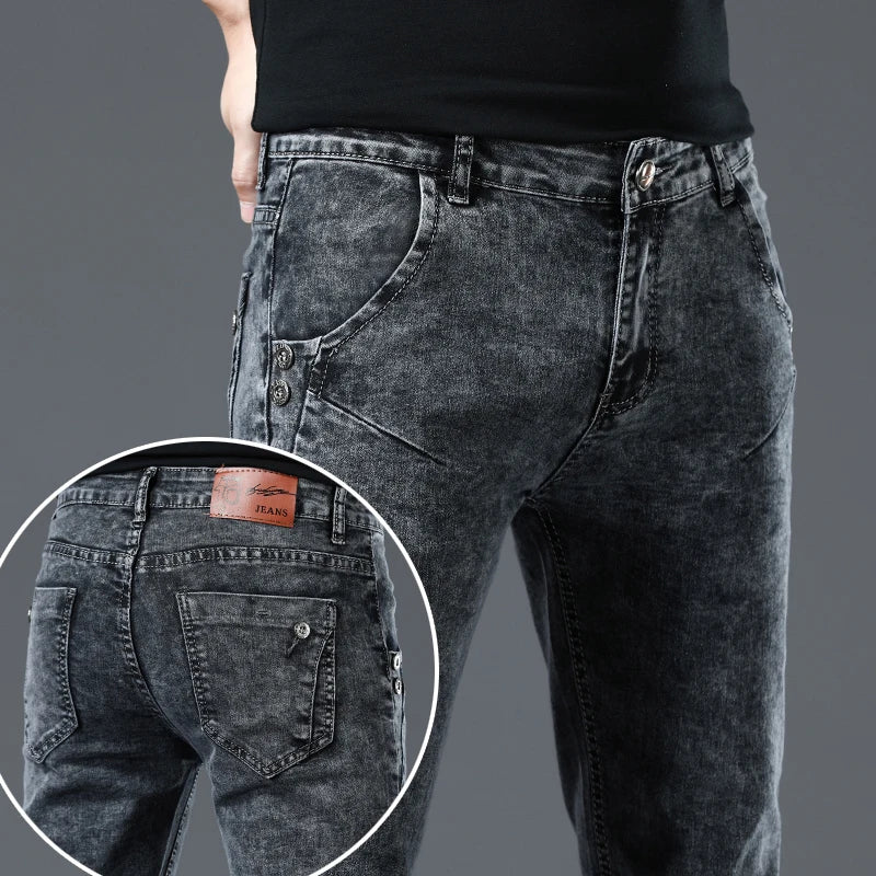 Trendy Men Skinny Jeans Retro Washed Snowflake Slim Fit Type Classic Simple Casual Fashion Street Skateboarding Denim Pants