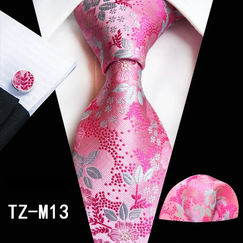 Ricnais Fashion 8cm Men's Silk Tie Set Red Green Floral Handkershief Cufflinks Necktie Suit Business Wedding Neck Ties Set Gift