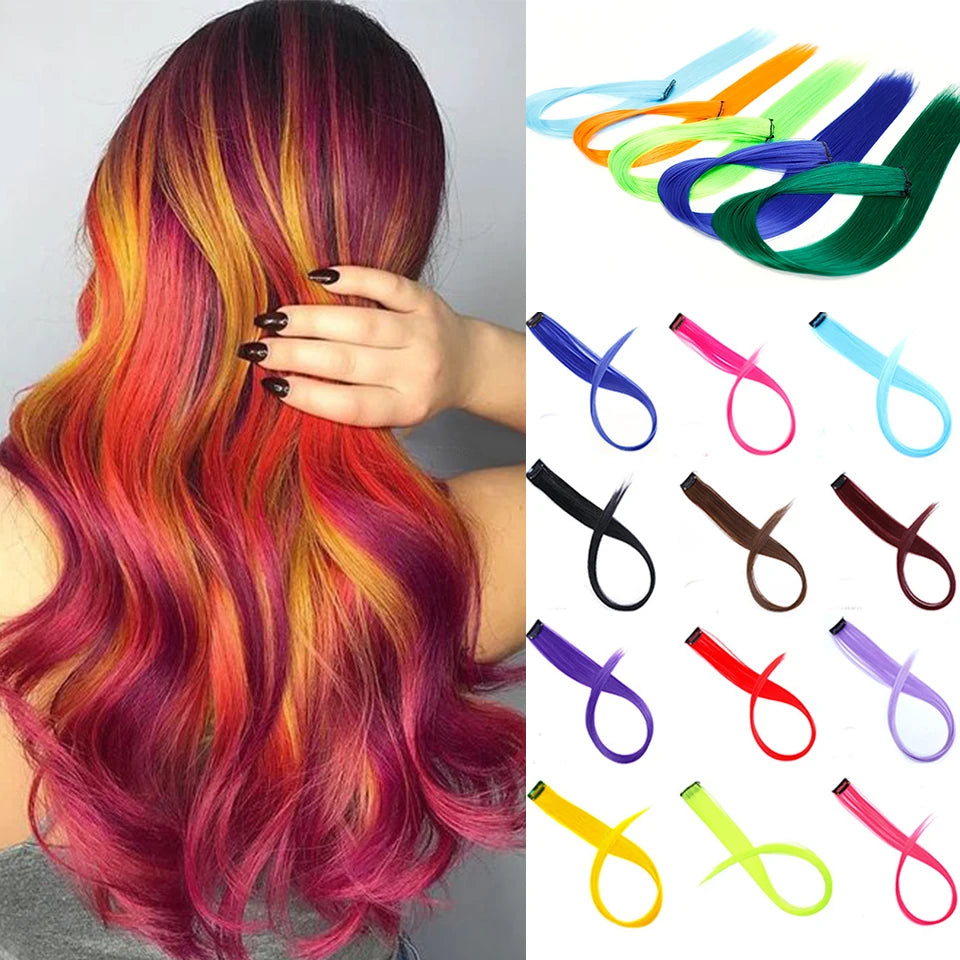 Lupu Synthetic Long Straight Rainbow Highlight Colored Hair Extensions Clip In Fake Hair Pieces For Women Heat Resistant