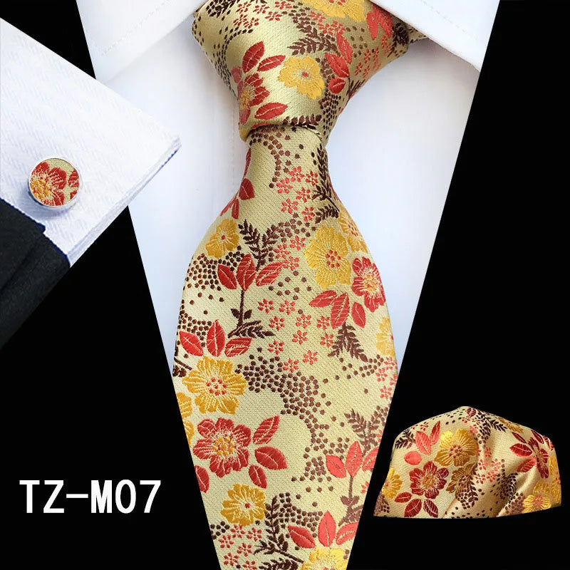 Ricnais Fashion 8cm Men's Silk Tie Set Red Green Floral Handkershief Cufflinks Necktie Suit Business Wedding Neck Ties Set Gift