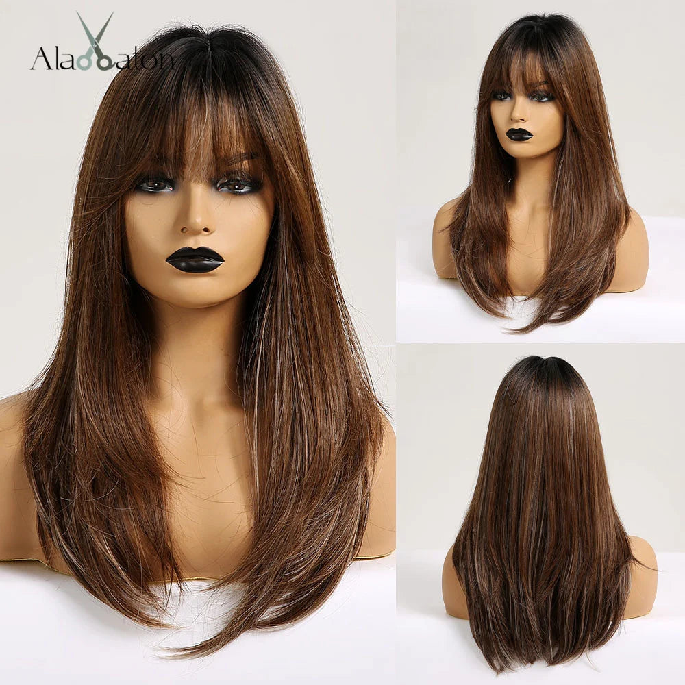 ALAN EATON Long Straight Layered Synthetic Wigs with Bangs Blonde Highlights on Brown Wigs for Black Women Afro Daily Party Hair