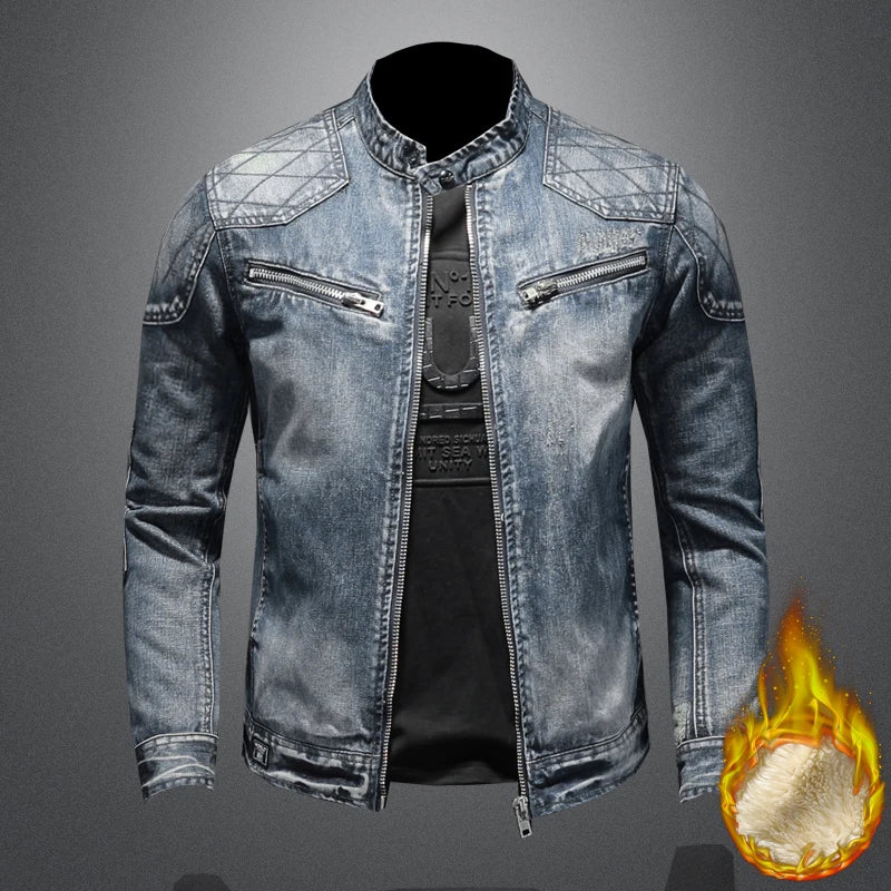 Men Fleece Thick Streetwear Denim Jackets Men Vintage Blue Bomber  Jacket Male Outwear Plus Velvet Windbreaker Coats