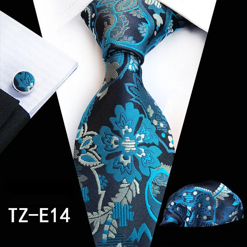 Ricnais Fashion 8cm Men's Silk Tie Set Red Green Floral Handkershief Cufflinks Necktie Suit Business Wedding Neck Ties Set Gift