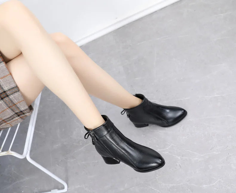 GKTINOO New Ankle Boots Women Pointed Toe Thick Heels Genuine Leather Shoes Short Boots Soft Sole Footwear Plus Size 35-43