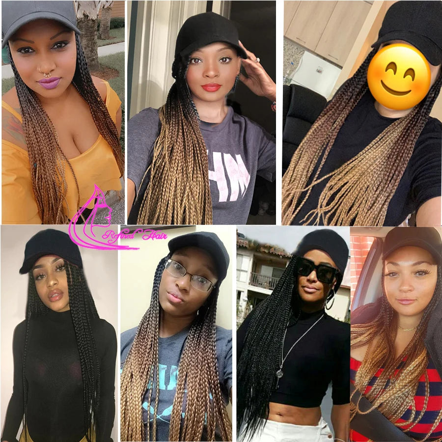 Synthetic Hat Wig Baseball Cap with Braiding Hair 24inch Long Braids Wigs Women Girls Daily Wear Ombre Blue Grey Brown Blonde