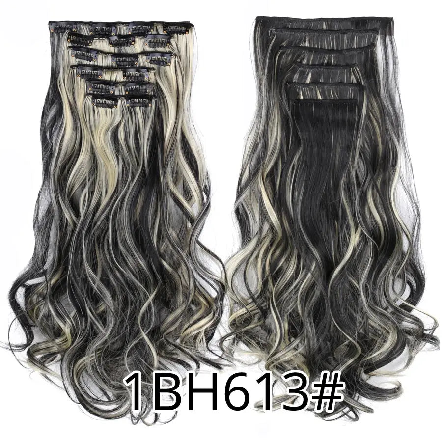Clip-In Hair Extensions Syntetic Hair 22Inch Long Wave Hair Extensions Ombre Cclip-In One Piece 6Pcs/Set Fake Hairpiece