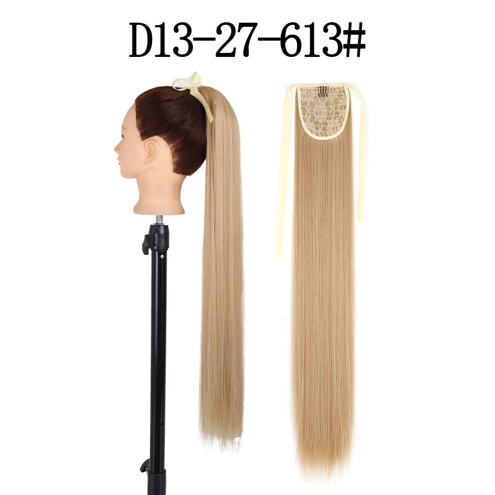 LISI GIRL Synthetic 34" 22" Long Straight Ribbon Fake Ponytails Clip on Hair Tail Extensions Black Hair Pieces With Hairpins