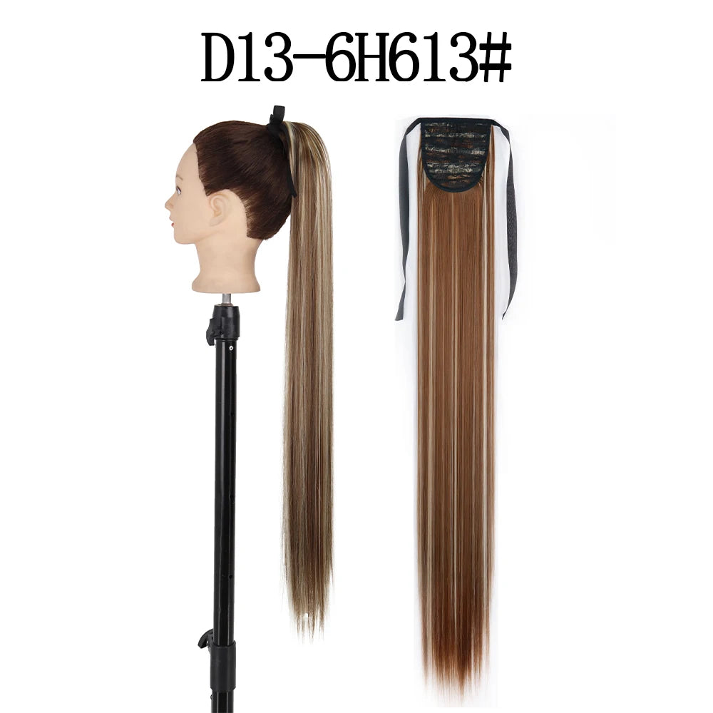 LISI GIRL Synthetic 34" 22" Long Straight Ribbon Fake Ponytails Clip on Hair Tail Extensions Black Hair Pieces With Hairpins