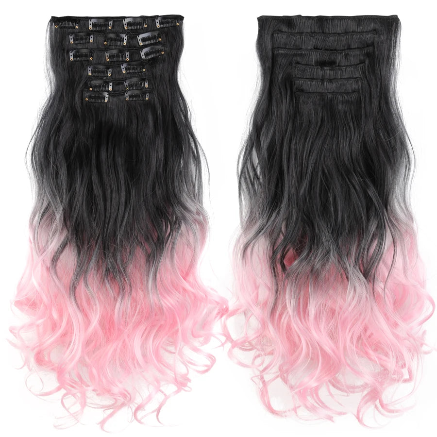 Clip-In Hair Extensions Syntetic Hair 22Inch Long Wave Hair Extensions Ombre Cclip-In One Piece 6Pcs/Set Fake Hairpiece
