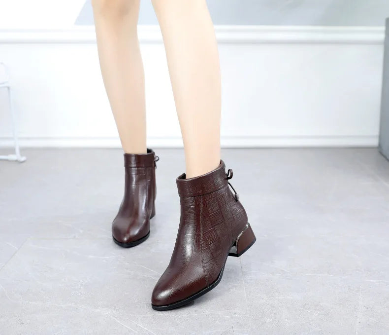 GKTINOO New Ankle Boots Women Pointed Toe Thick Heels Genuine Leather Shoes Short Boots Soft Sole Footwear Plus Size 35-43