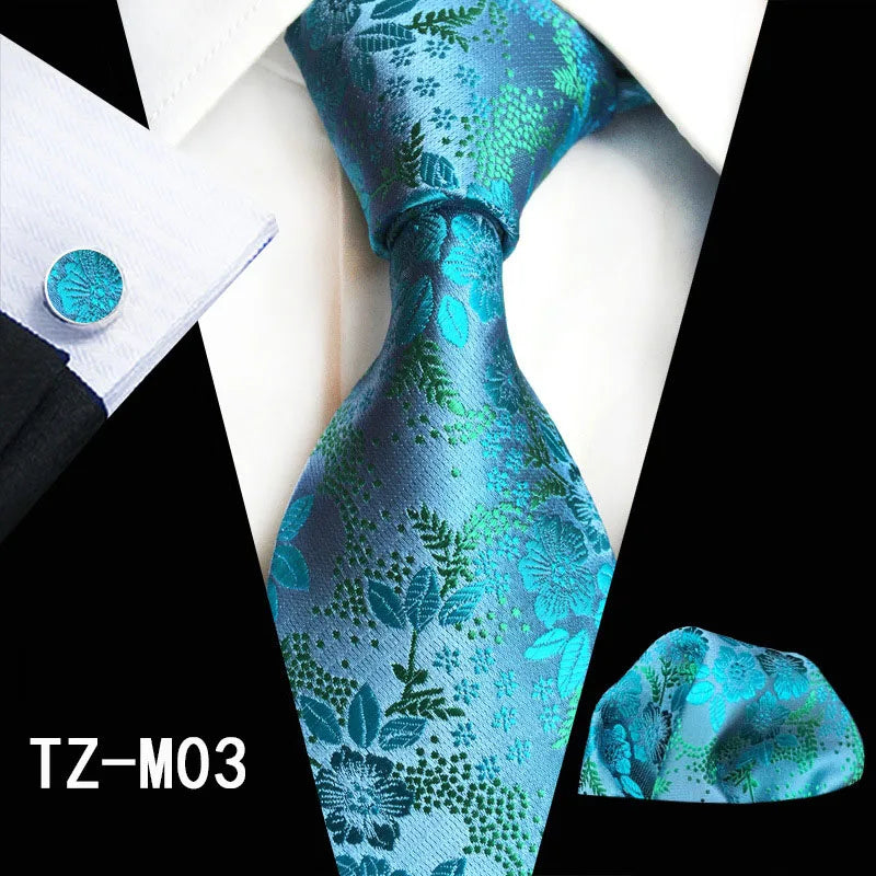 Ricnais Fashion 8cm Men's Silk Tie Set Red Green Floral Handkershief Cufflinks Necktie Suit Business Wedding Neck Ties Set Gift