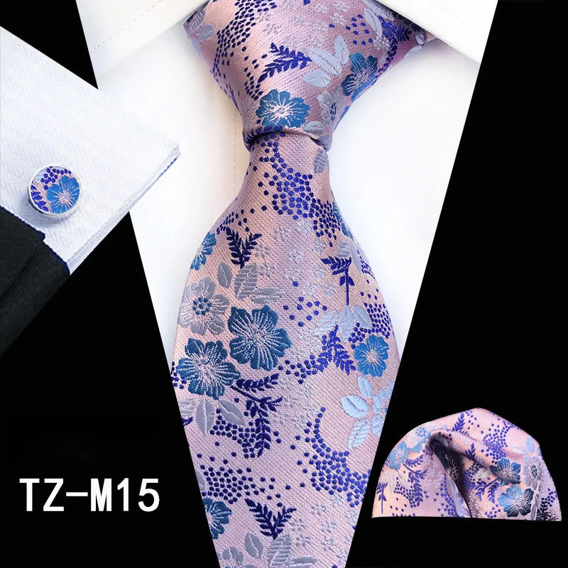 Ricnais Fashion 8cm Men's Silk Tie Set Red Green Floral Handkershief Cufflinks Necktie Suit Business Wedding Neck Ties Set Gift