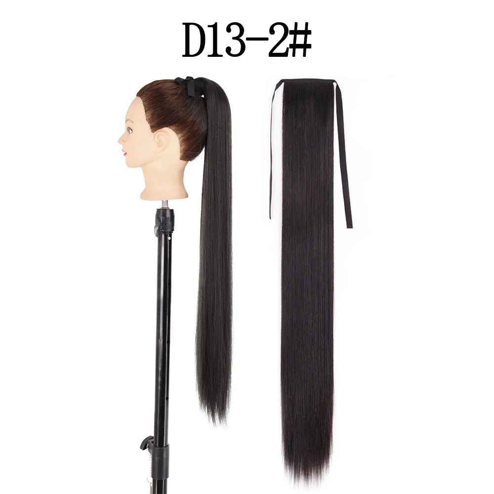 LISI GIRL Synthetic 34" 22" Long Straight Ribbon Fake Ponytails Clip on Hair Tail Extensions Black Hair Pieces With Hairpins