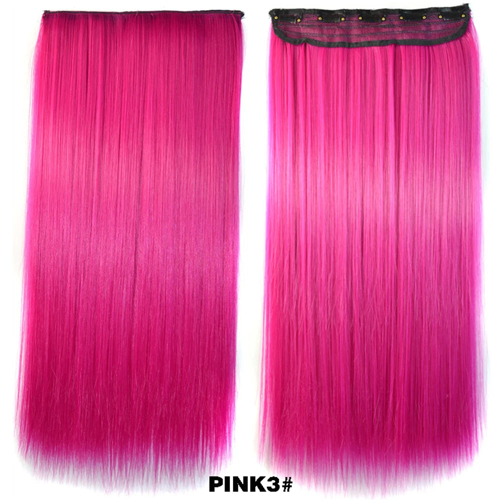 Synthetic Natural 5 Clip In Hair Extensions Fake Single Pink Straight False Hair Piece Hairstyle For Women 24inch