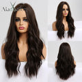ALAN EATON Long Wave Dark Brown Synthetic Wigs for Black Women Middle Parted Wigs with Highlights Cosplay Hair Heat Resistant