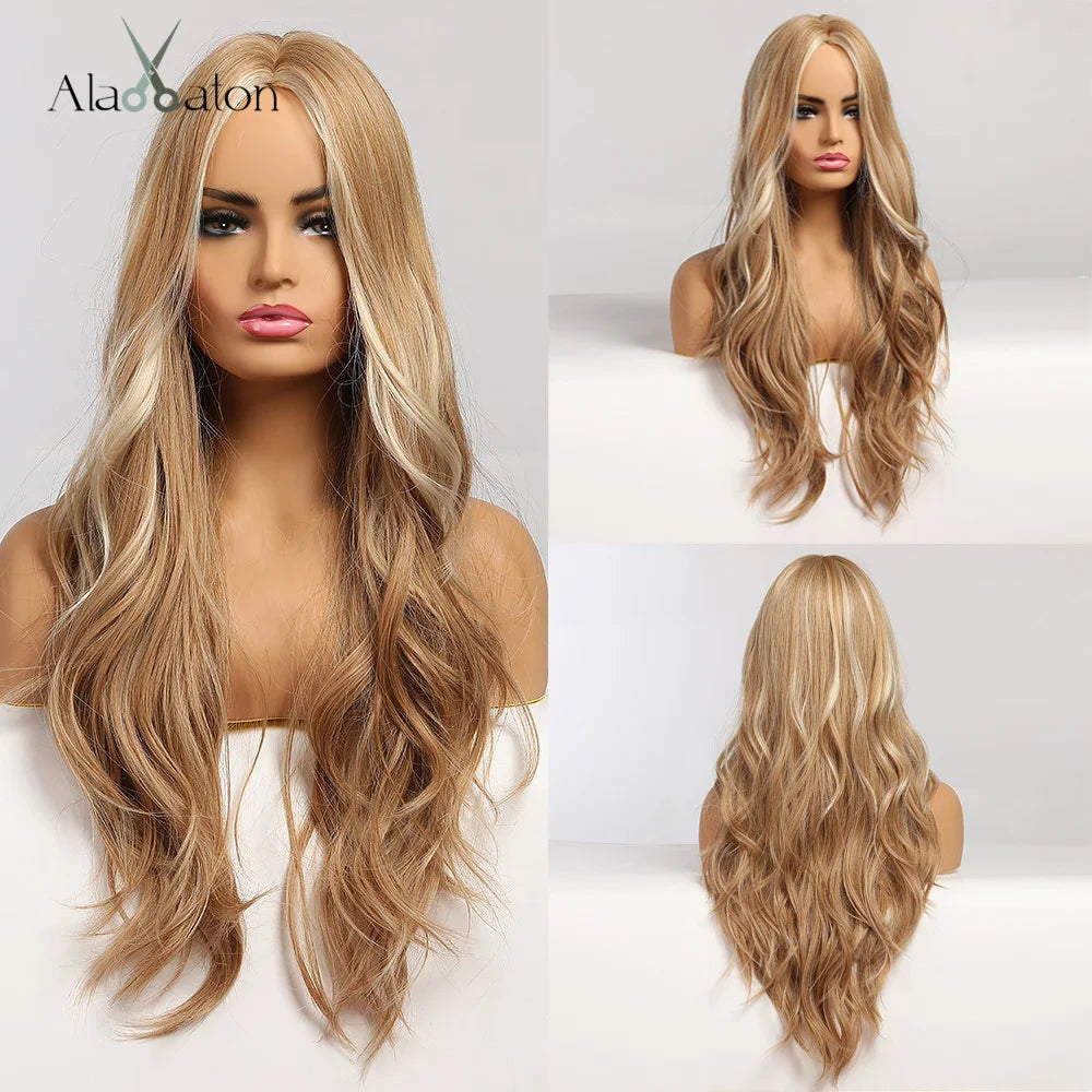 ALAN EATON Long Wave Dark Brown Synthetic Wigs for Black Women Middle Parted Wigs with Highlights Cosplay Hair Heat Resistant
