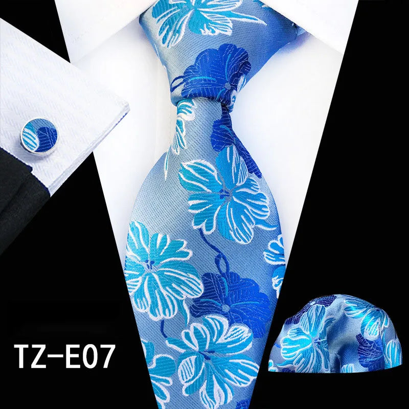 Ricnais Fashion 8cm Men's Silk Tie Set Red Green Floral Handkershief Cufflinks Necktie Suit Business Wedding Neck Ties Set Gift