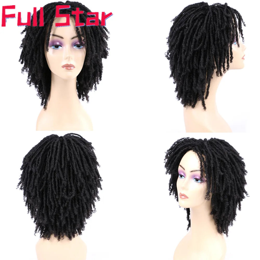 Full Star 14“ Dreadlock Curly Wigs for Black Woman Ombre Burgundy Brown Color Short Curly Soul Locs Braids Wigs Party Daily Use