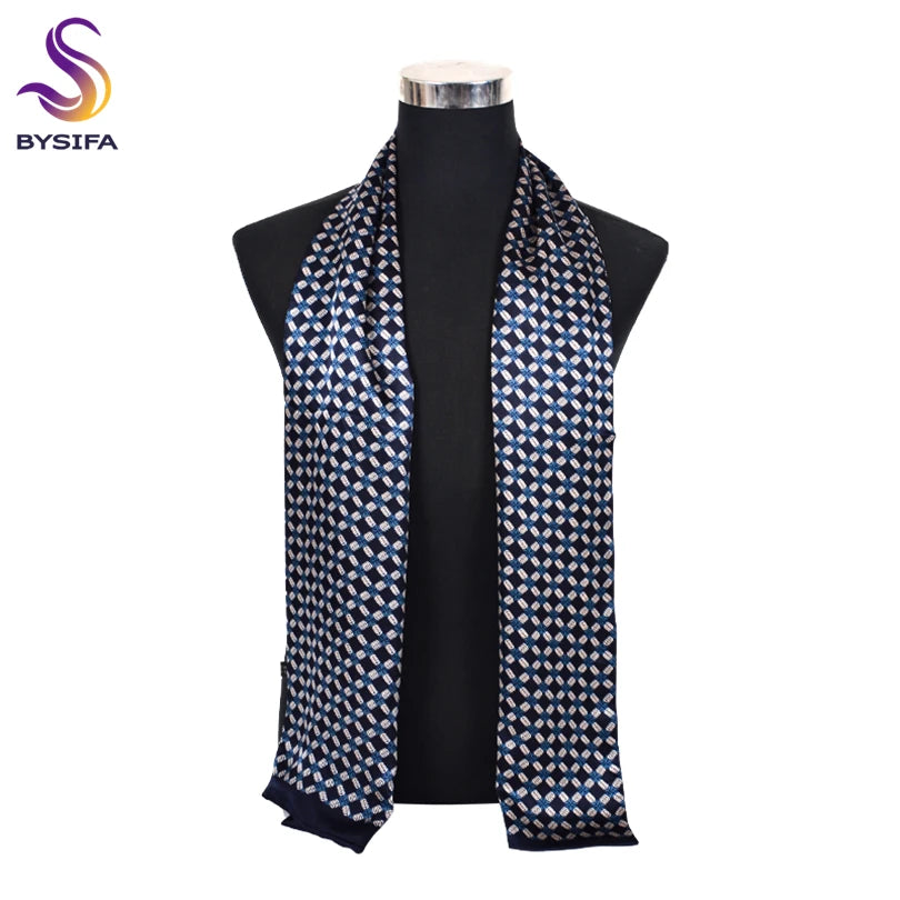 BYSIFA| New Silver Grey Man100% Silk Scarf Printed Fashion Brand Male Long Scarves Men Scarf Fall Winter Pure Silk Scarf160*26cm