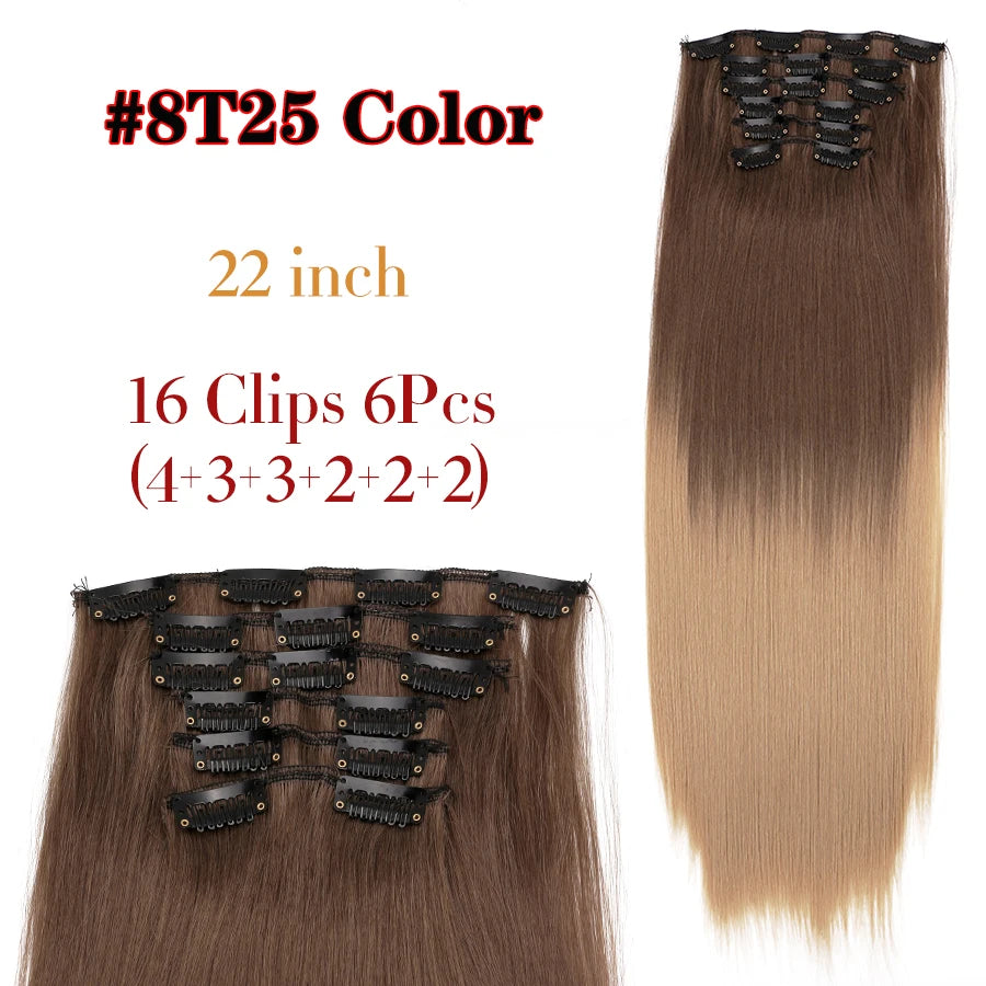 Clip-In Hair Extensions Syntetic Hair 22Inch Long Wave Hair Extensions Ombre Cclip-In One Piece 6Pcs/Set Fake Hairpiece