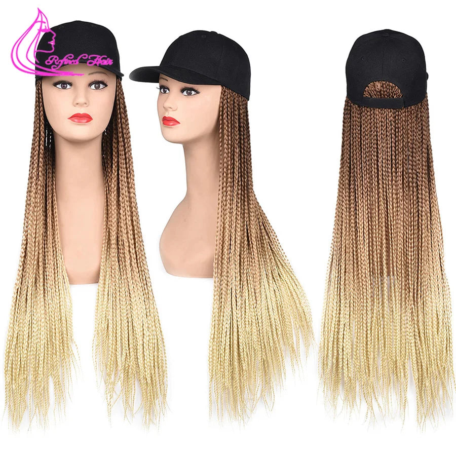 Synthetic Hat Wig Baseball Cap with Braiding Hair 24inch Long Braids Wigs Women Girls Daily Wear Ombre Blue Grey Brown Blonde