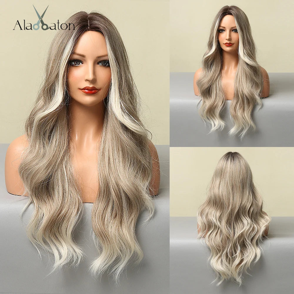 ALAN EATON Long Wave Dark Brown Synthetic Wigs for Black Women Middle Parted Wigs with Highlights Cosplay Hair Heat Resistant