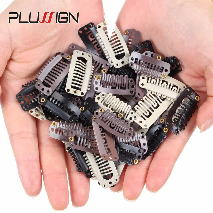 Plussign 10Pcs/Lot Brown Black Rubber Wig Clips and Combs For Hair Extensions 32mm Wire Shape Wig Cap Clips For Sale