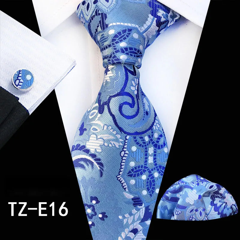 Ricnais Fashion 8cm Men's Silk Tie Set Red Green Floral Handkershief Cufflinks Necktie Suit Business Wedding Neck Ties Set Gift