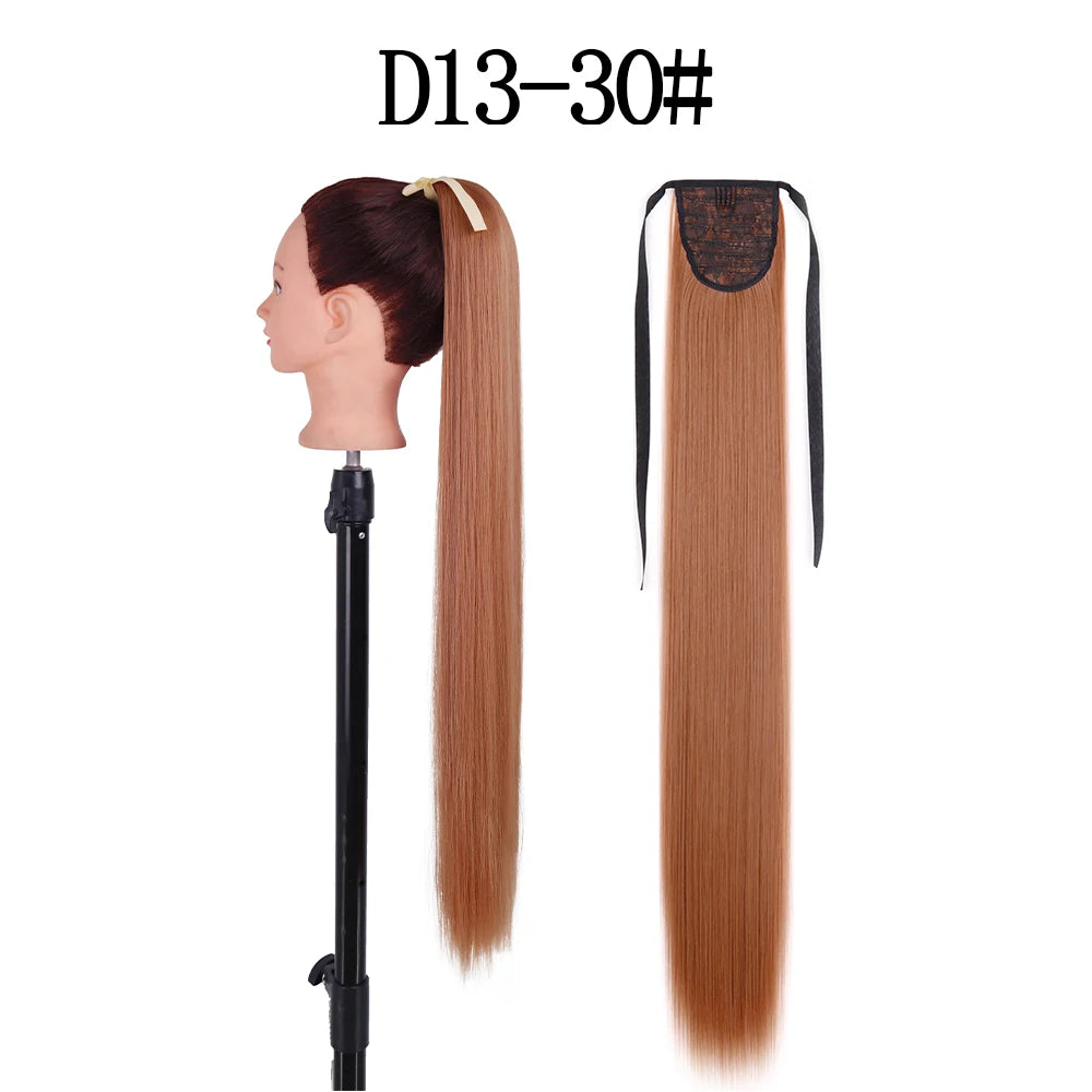 LISI GIRL Synthetic 34" 22" Long Straight Ribbon Fake Ponytails Clip on Hair Tail Extensions Black Hair Pieces With Hairpins