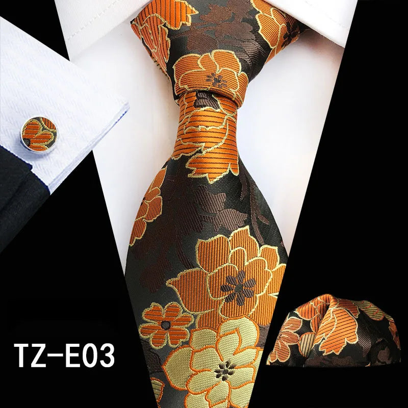 Ricnais Fashion 8cm Men's Silk Tie Set Red Green Floral Handkershief Cufflinks Necktie Suit Business Wedding Neck Ties Set Gift