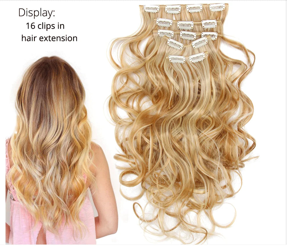 Clip-In Hair Extensions Syntetic Hair 22Inch Long Wave Hair Extensions Ombre Cclip-In One Piece 6Pcs/Set Fake Hairpiece
