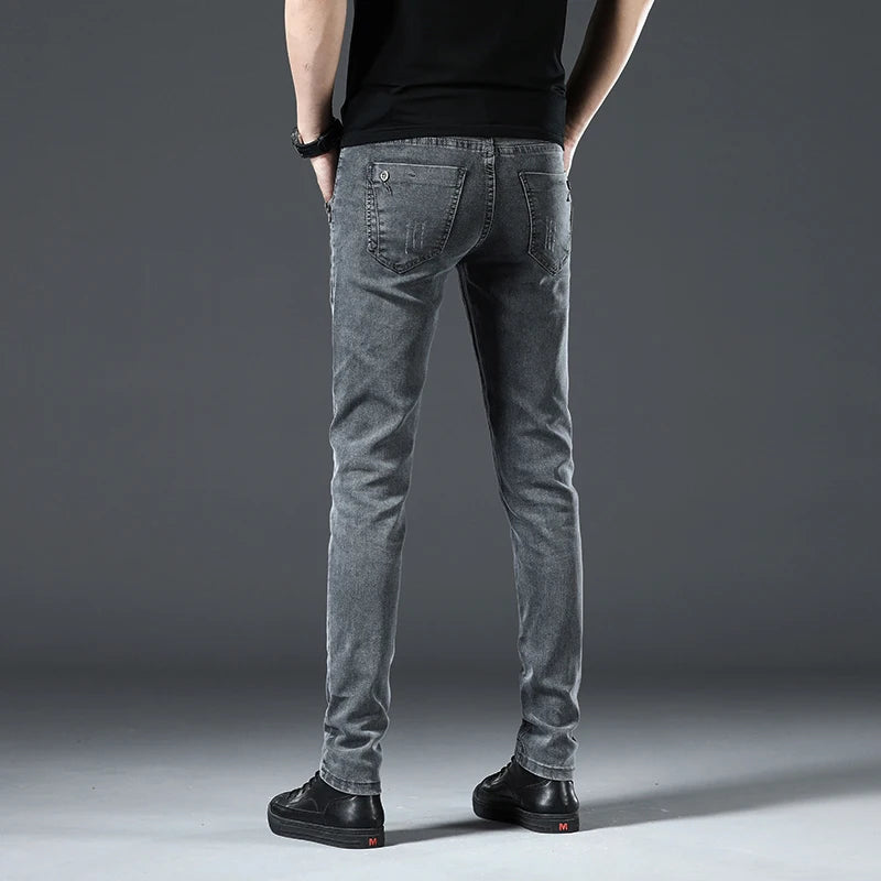 Trendy Men Skinny Jeans Retro Washed Snowflake Slim Fit Type Classic Simple Casual Fashion Street Skateboarding Denim Pants