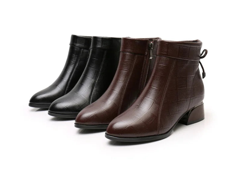 GKTINOO New Ankle Boots Women Pointed Toe Thick Heels Genuine Leather Shoes Short Boots Soft Sole Footwear Plus Size 35-43