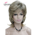 StrongBeauty Short Layered Brown with Blonde Highlighted Classic Cap Full Synthetic Wig Women's Hair Wigs for Women