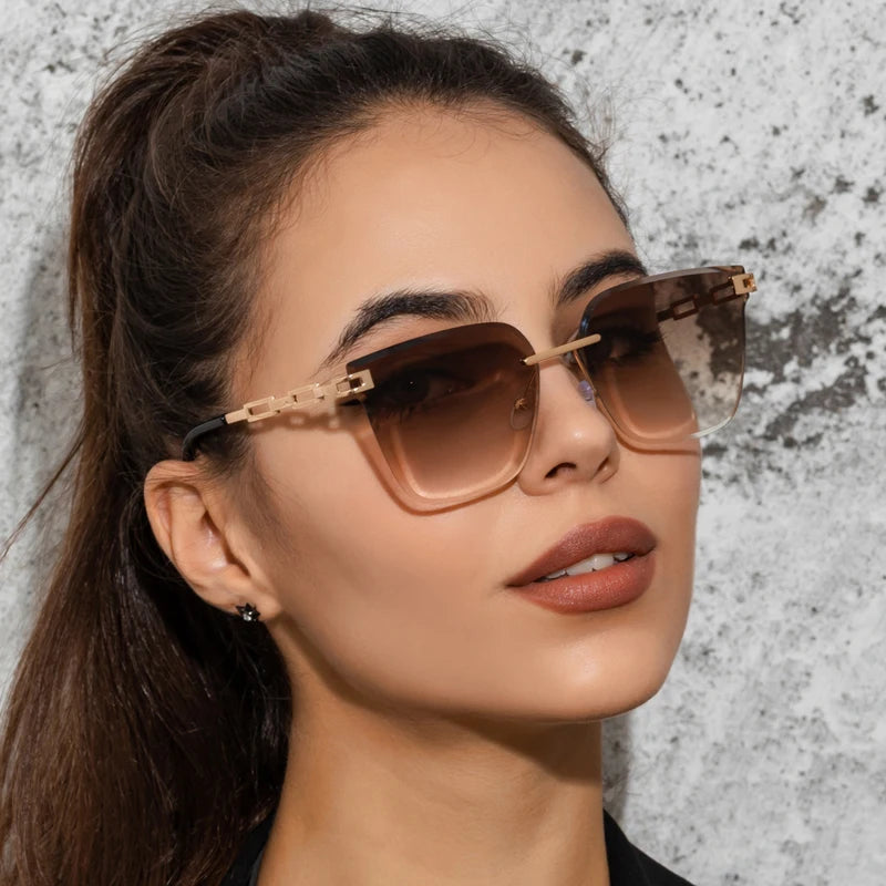 New Sunglasses Women Rimless Cat Eye Eyewear Gradient Brown Cutting Lens Sun Glasses For Female Alloy Eyeglasses Brand Designer