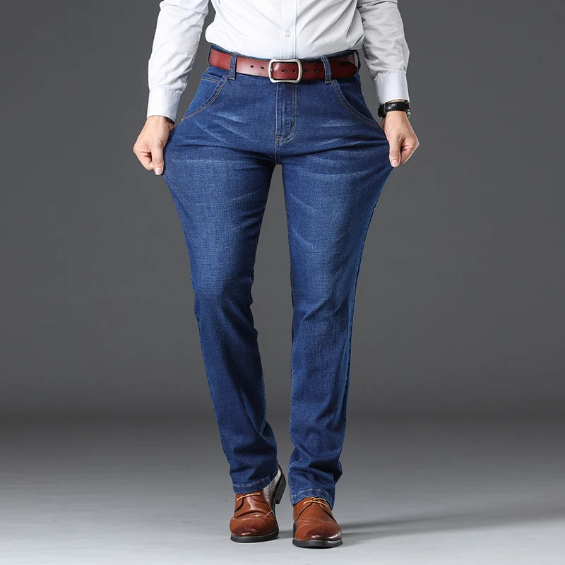 Mens Jeans  Business Regular Straight Full Lenght Jean Casual Denim Trousers Elasticity Stretch Fabric Pant