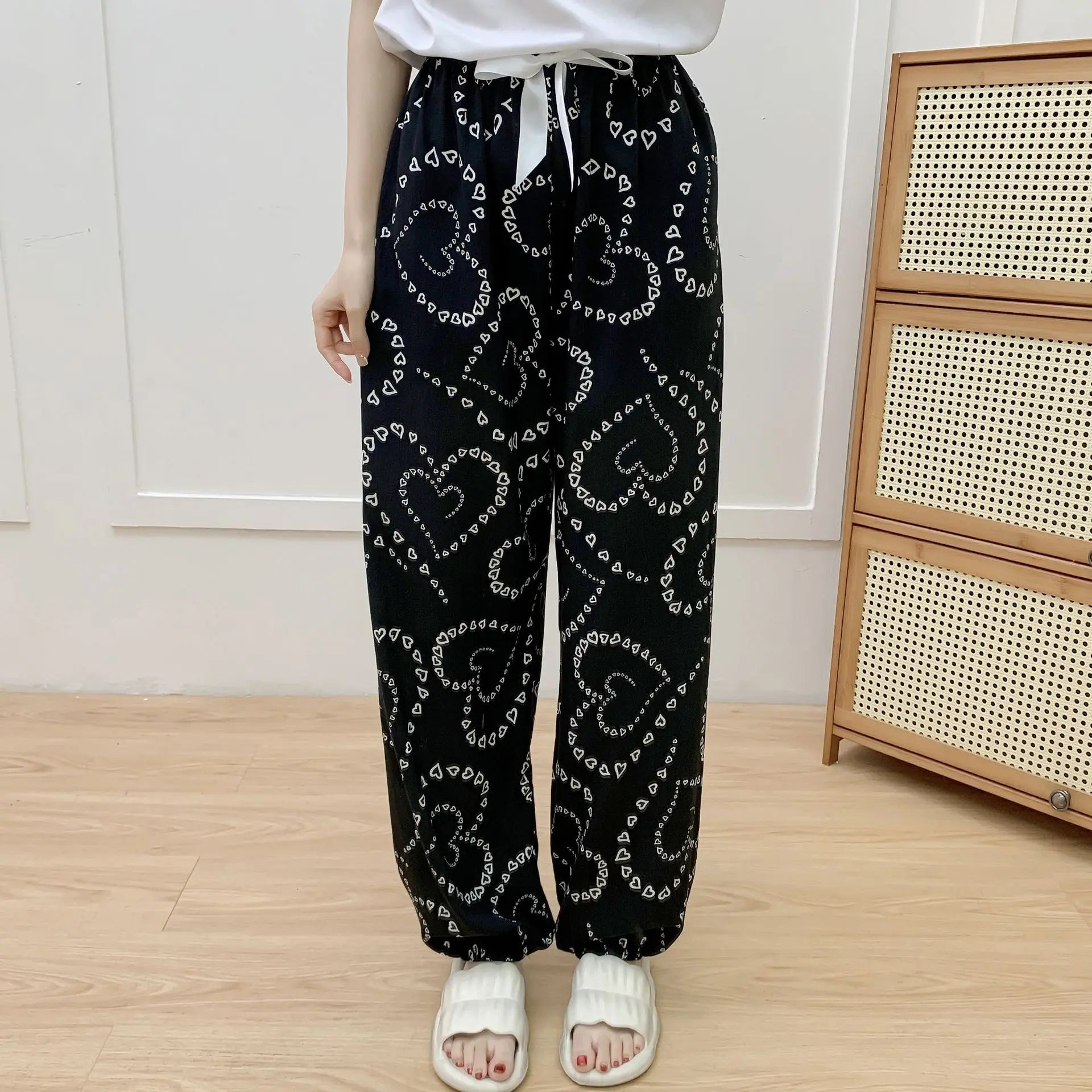 New Korean Style Pants Summer Cropped Trousers Women's Flower Home Clothes Loose Wide Leg Pants Casual Beach Outfits Sweatpants