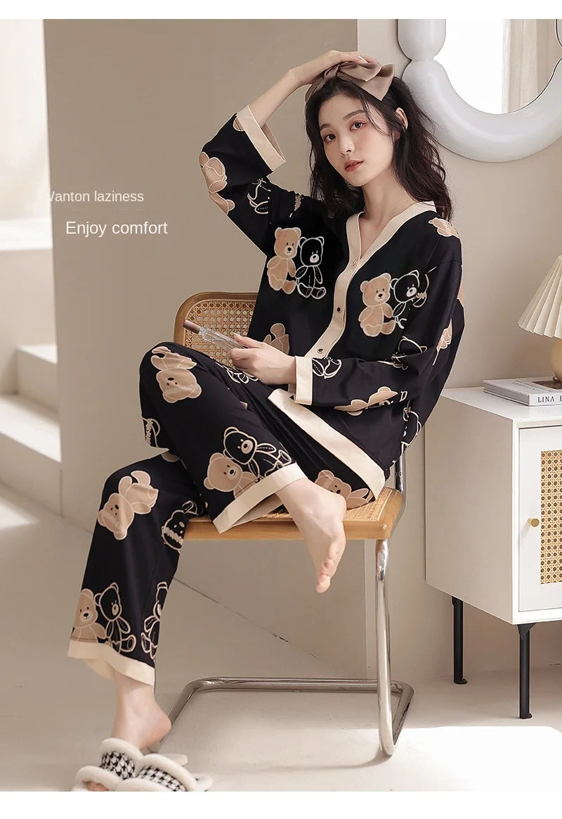 Y2k Women's 100% POLYESTER Pajamas with Cartoon Print Korean Fresh Ins Style Harajuku Lounges 2pcs 2024 New Spring/fall Homewear