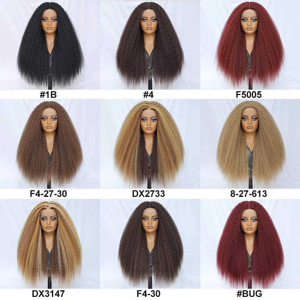 Kinky Straight Lace Front Wig T-Part 28Inch Synthetic 13x5x1 Long Lace Wigs Afro Yaki Straight Wigs Ombre Brown For Black Women
