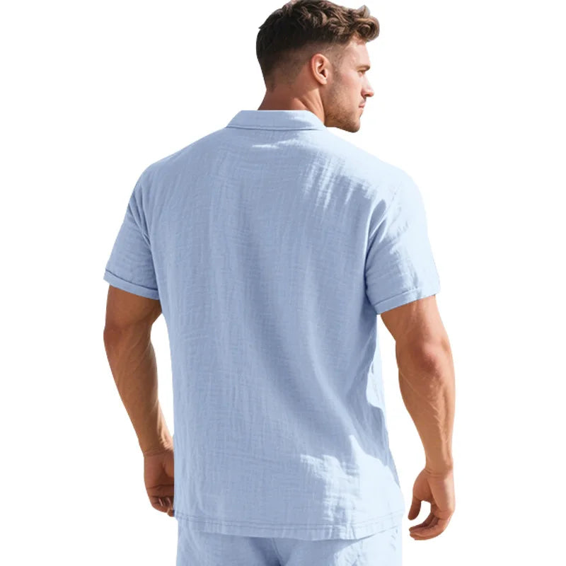 2025Summer New Men's Shirt British Style Loose Trendy Breathable Linen Casual Polo Collar Series POLO Shirt Short Sleeve