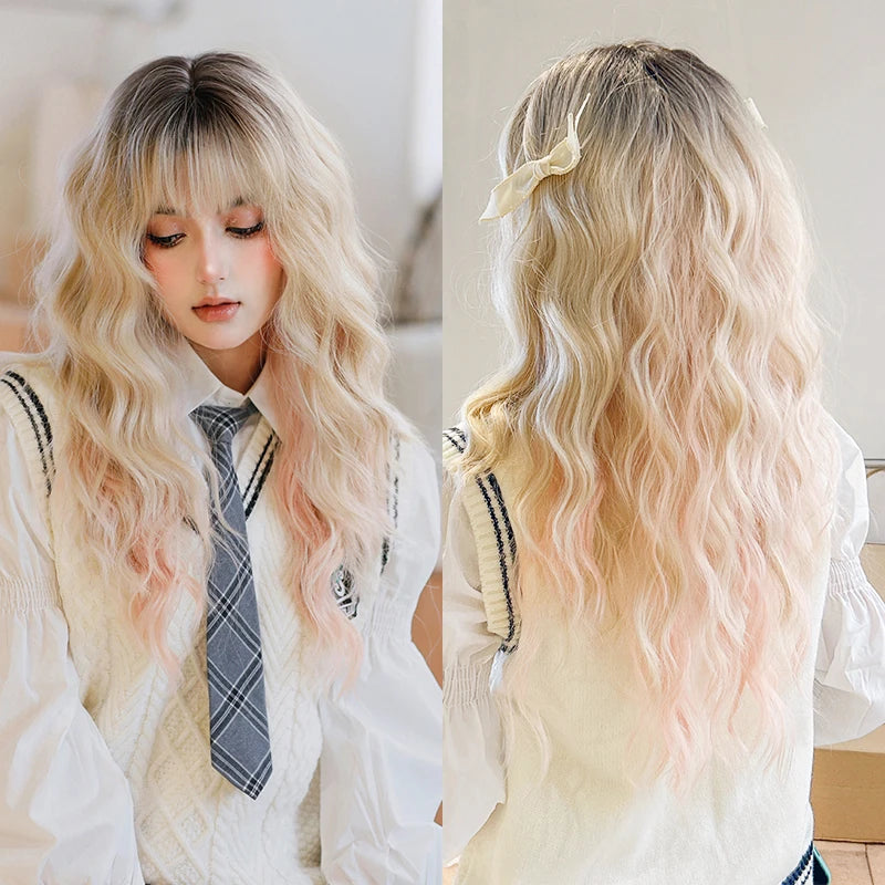 7JHH WIGS Body Wavy Wig Long Loose Curly Brown Wig for Women Daily Use High Density Synthetic Layered Hair Wigs with Bangs