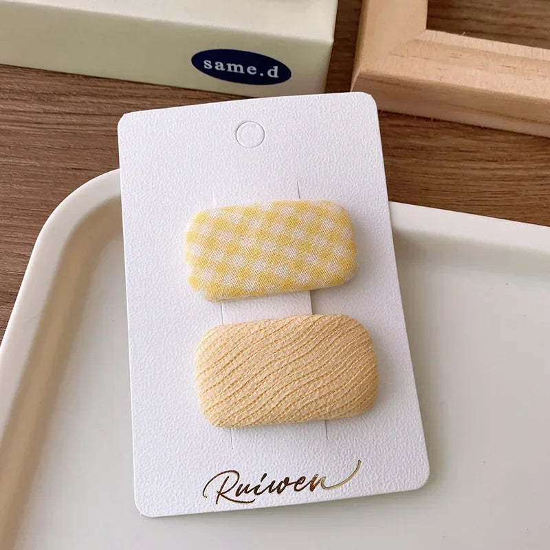 2Pcs/Set Kawaii Girls Sweet Hair Clips Fabric Plaid Cotton Hairpins for Baby Hair Square Shape Women Bangs Barrettes Headwear