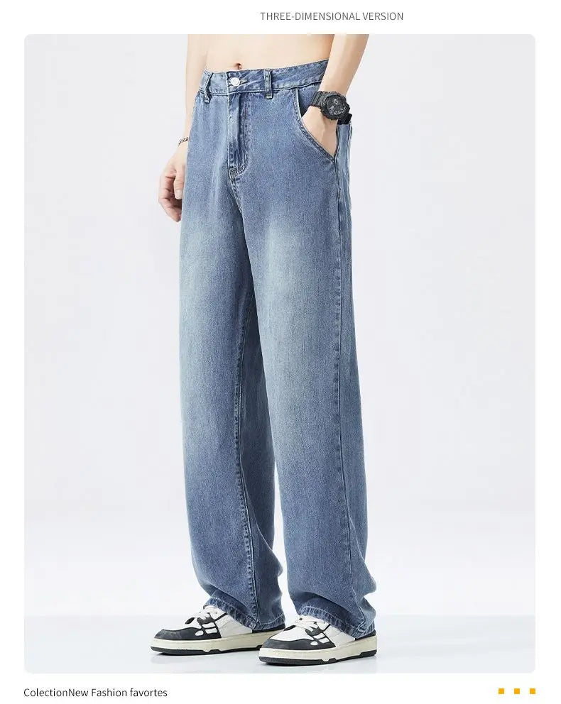 Lyocell Summer New Straight Jeans Men's Fashion Vintage Y2k Pants Streetwear Male Loose Casual Male Wide Denim Trousers baggy