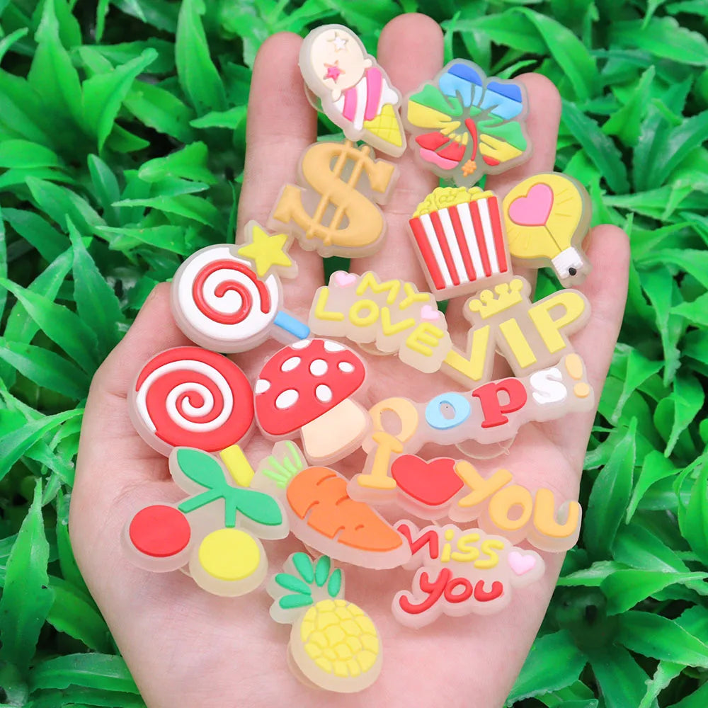1-16Pcs My Love Lollipop Carrot Mushroom Luminous Sandals Shoe Buckle Charms Accessories DIY Kids Holiday Gift
