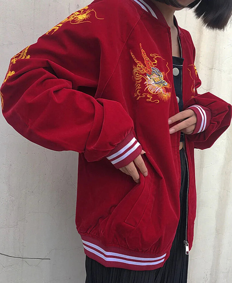 Unisex Spring Autumn Velveteen Baseball Jacket Men Women Luxury Sukajan Dragon Embroidery Bomber Coat Japanese 2026 Z1