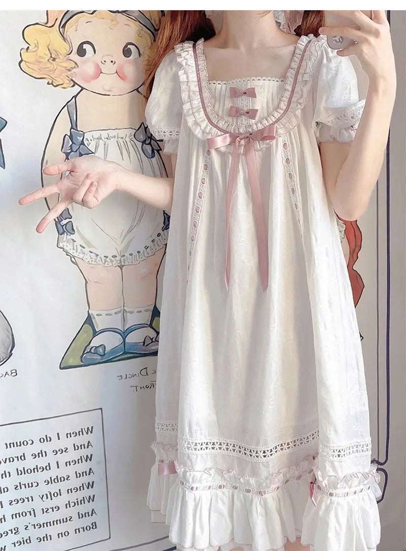 Sweet Nightdress Bowknot Lace Short Sleeve Ruffles Pajamas Women's Summer Kawaii Nightgowns Pajamas Soft Girls Casual Sleepwear