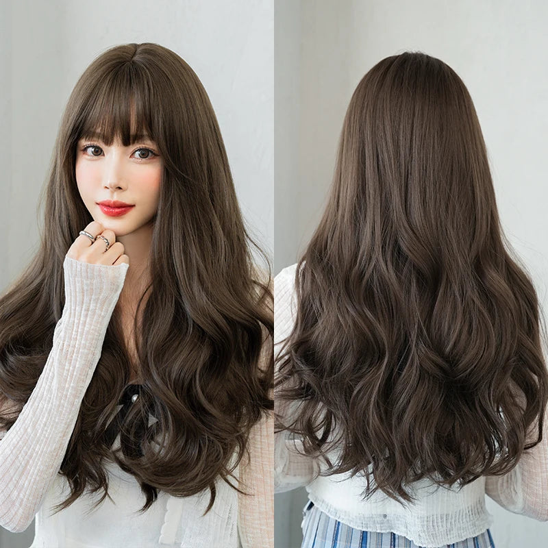 7JHH WIGS Body Wavy Wig Long Loose Curly Brown Wig for Women Daily Use High Density Synthetic Layered Hair Wigs with Bangs