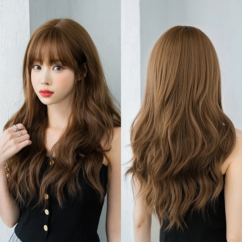 7JHH WIGS Body Wavy Wig Long Loose Curly Brown Wig for Women Daily Use High Density Synthetic Layered Hair Wigs with Bangs